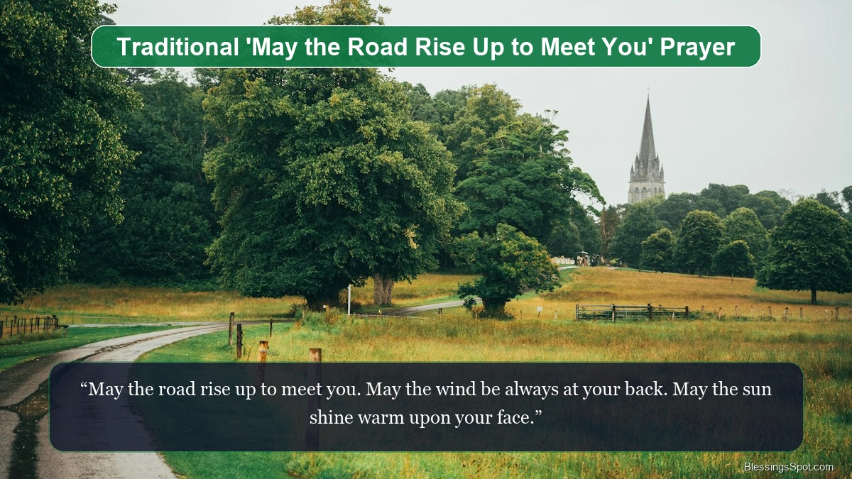 Traditional May the road rise up to meet you prayer showing a winding Irish country road through verdant green pastures.