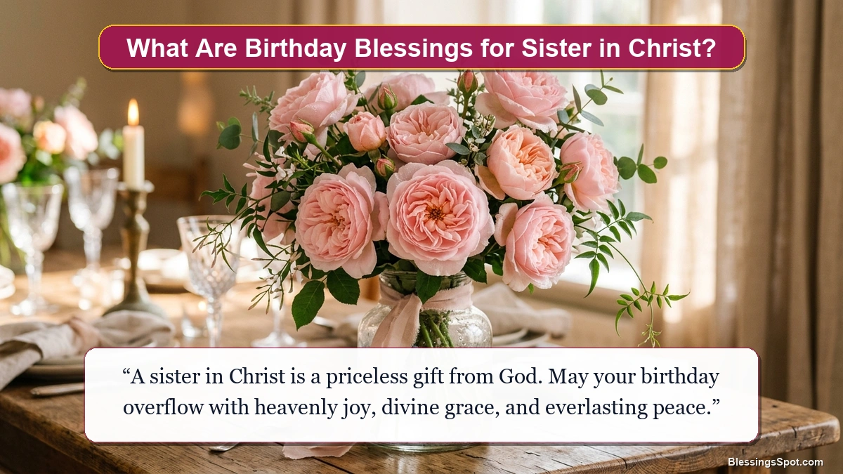 Birthday blessings for sister in christ featuring delicate warm rose tones and graceful floral ambiance.