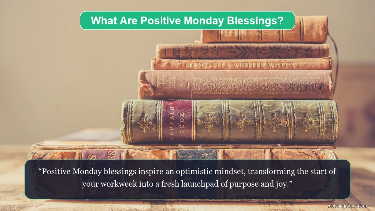 What are positive Monday blessings showing a brilliant golden sunrise glowing across a serene mountain horizon.