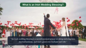 What is an Irish wedding blessing showing wedding rings and joined hands in holy ceremony.