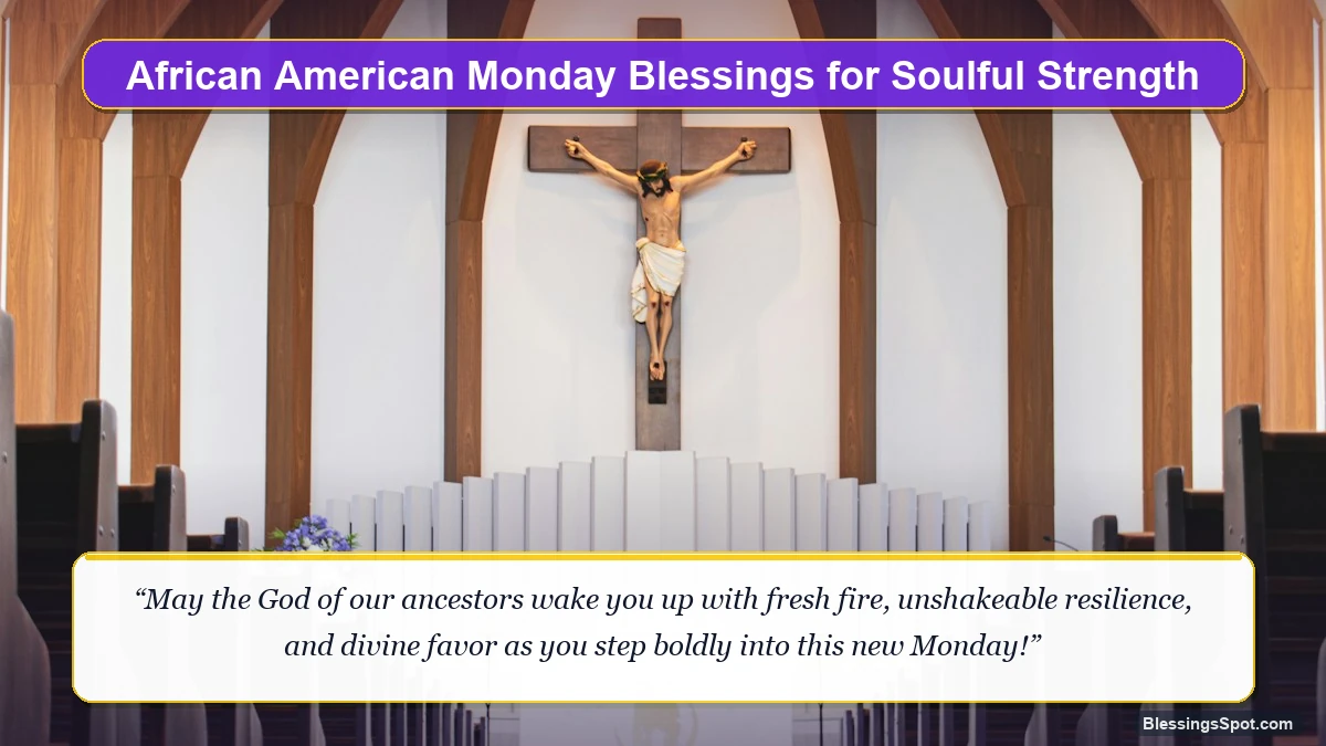 African American Monday blessings and prayers showing a golden sunlit church sanctuary filled with sacred morning light.