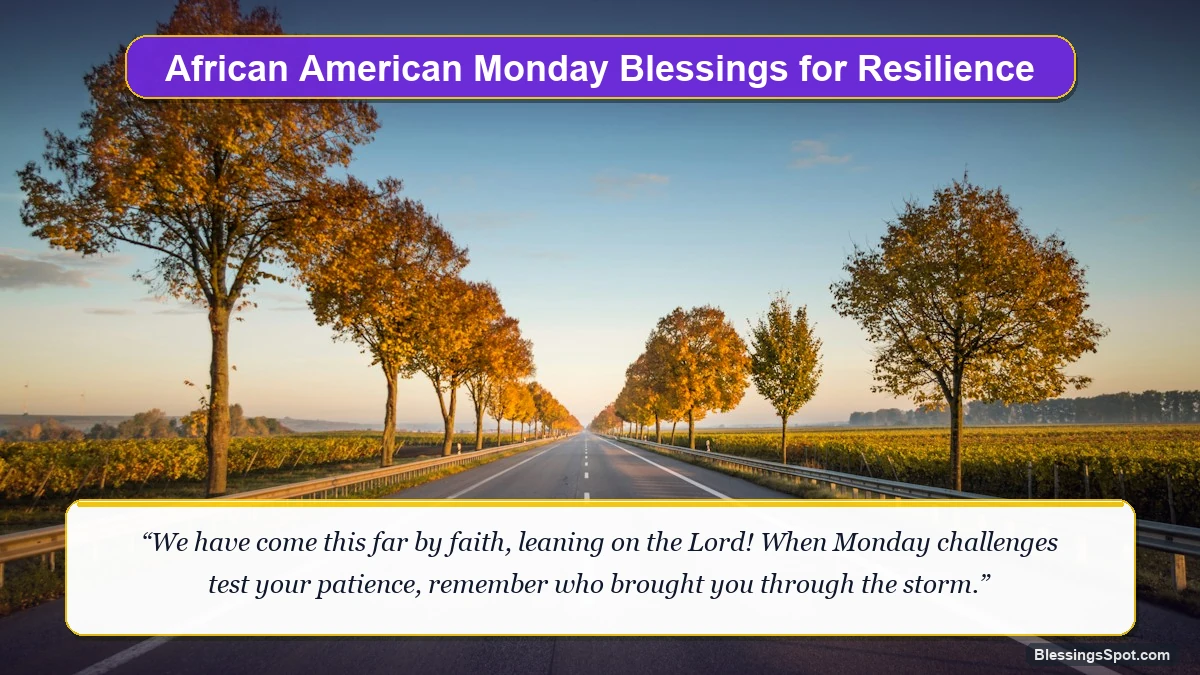 African American Monday blessings for resilience showing a beautiful tree-lined path bathed in morning light.