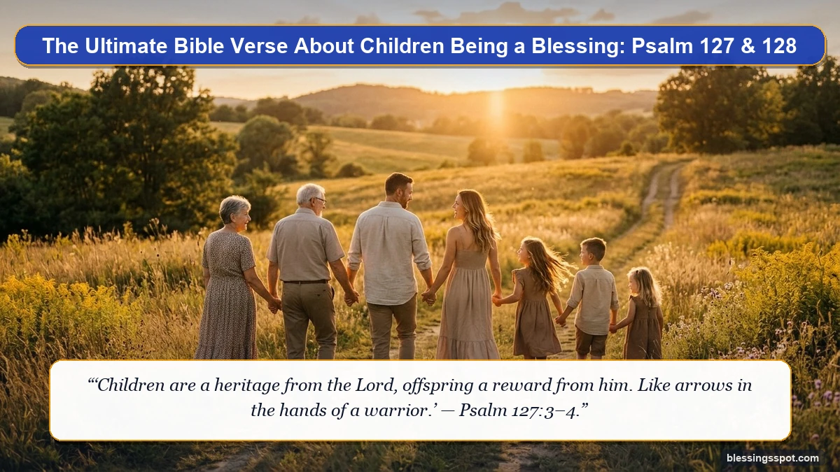 Bible verse about children being a blessing in Psalm 127 showing three generations of family walking through a golden sunset meadow.