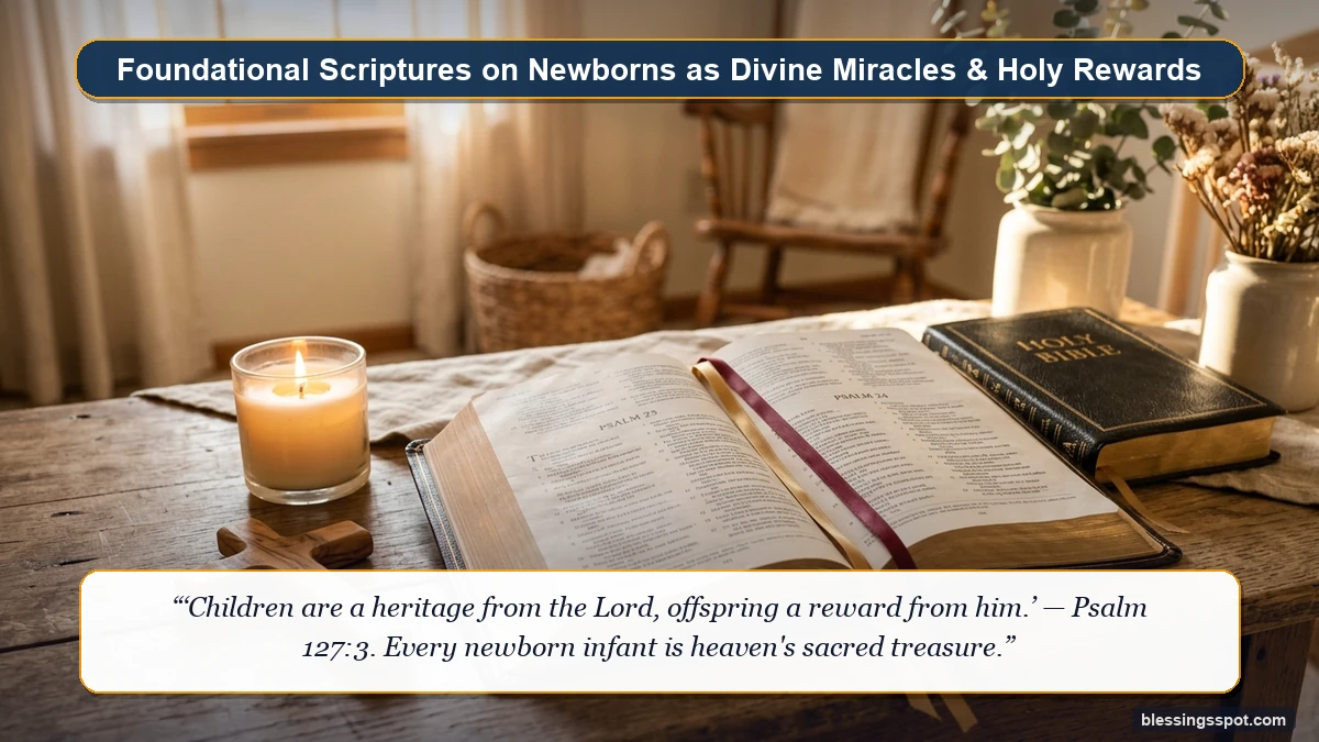 Bible verses about babies being a blessing showing an open Holy Bible with wooden cross beside a warm glowing candle on a sunlit nursery table.