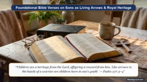 Bible verses about sons being a blessing featuring an open Holy Bible with wooden cross on a sunlit rustic wooden table.