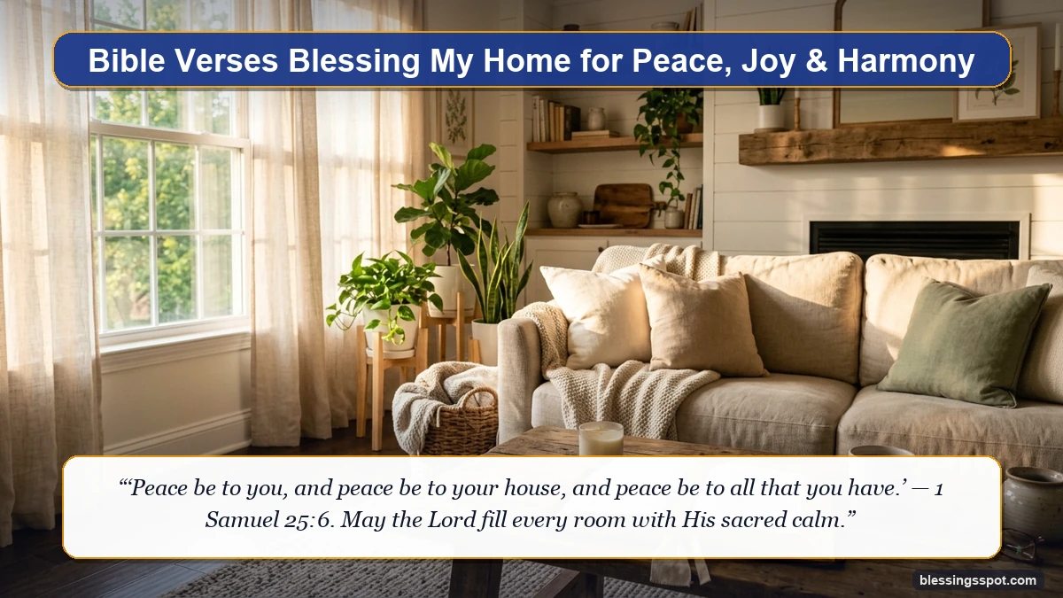 Bible verses blessing my home for peace and harmony showing a sunlit living room with an open Bible on a wooden table.