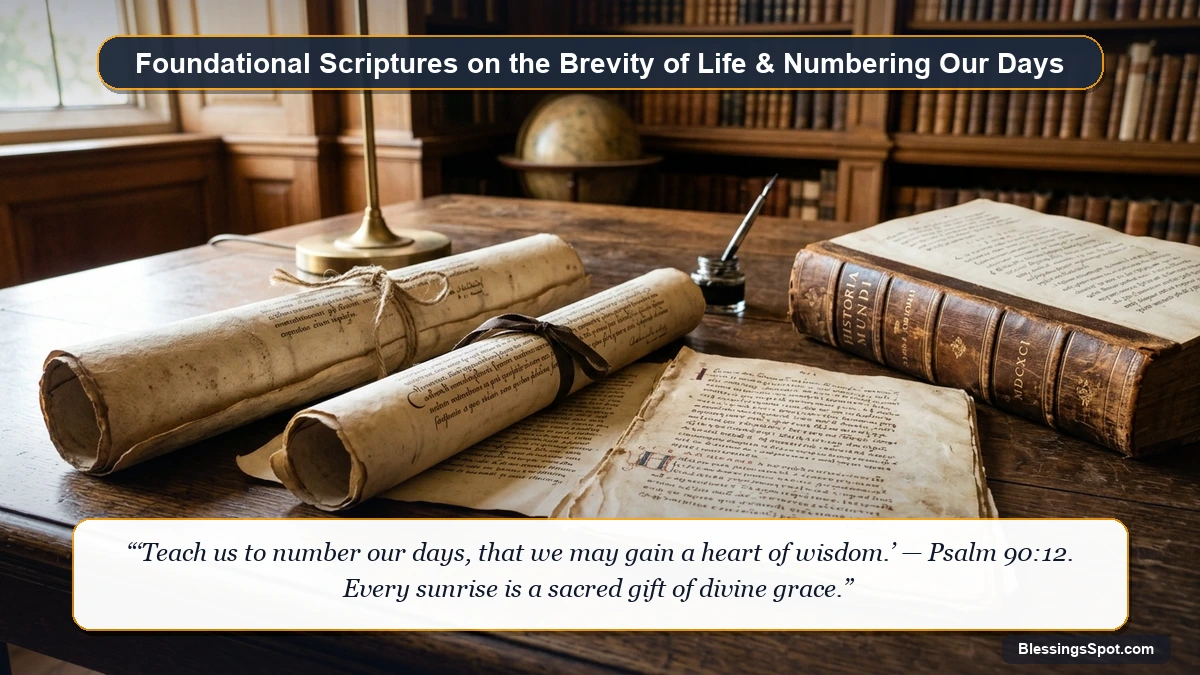 Bible verses on life is short featuring an open Holy Bible with ancient parchment bathed in golden dawn sunlight on a wooden study table.