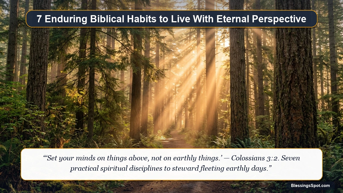 A sunlit pathway leading through an ancient forest of tall trees illustrating seven enduring biblical principles to walk in eternal wisdom.