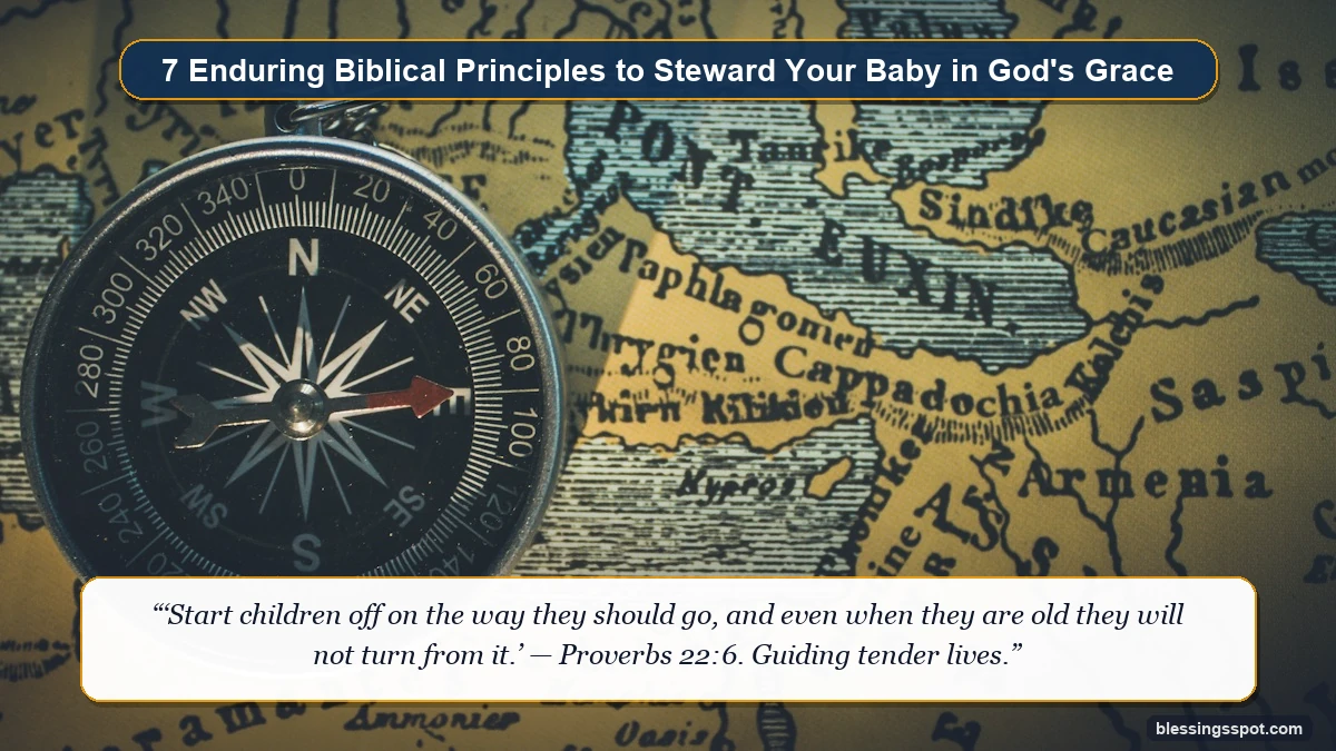 An antique pocket compass on a vintage biblical world map illustrating seven enduring spiritual principles to guide a newborn infant.