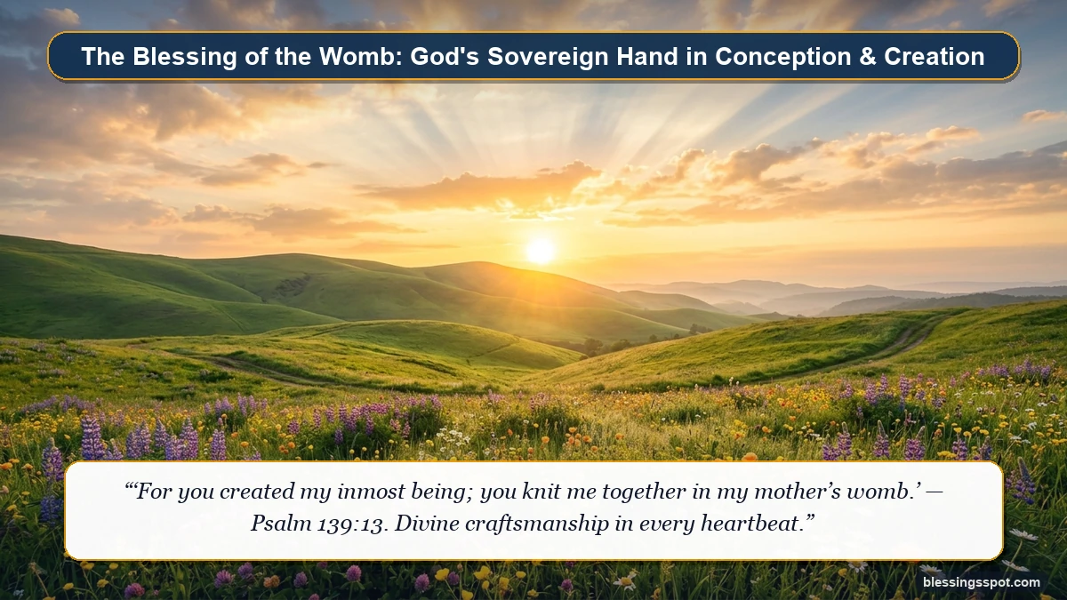 Radiant sunrise breaking across blooming wildflower meadows and rolling hills illustrating the sacred blessing of the womb in the Bible.