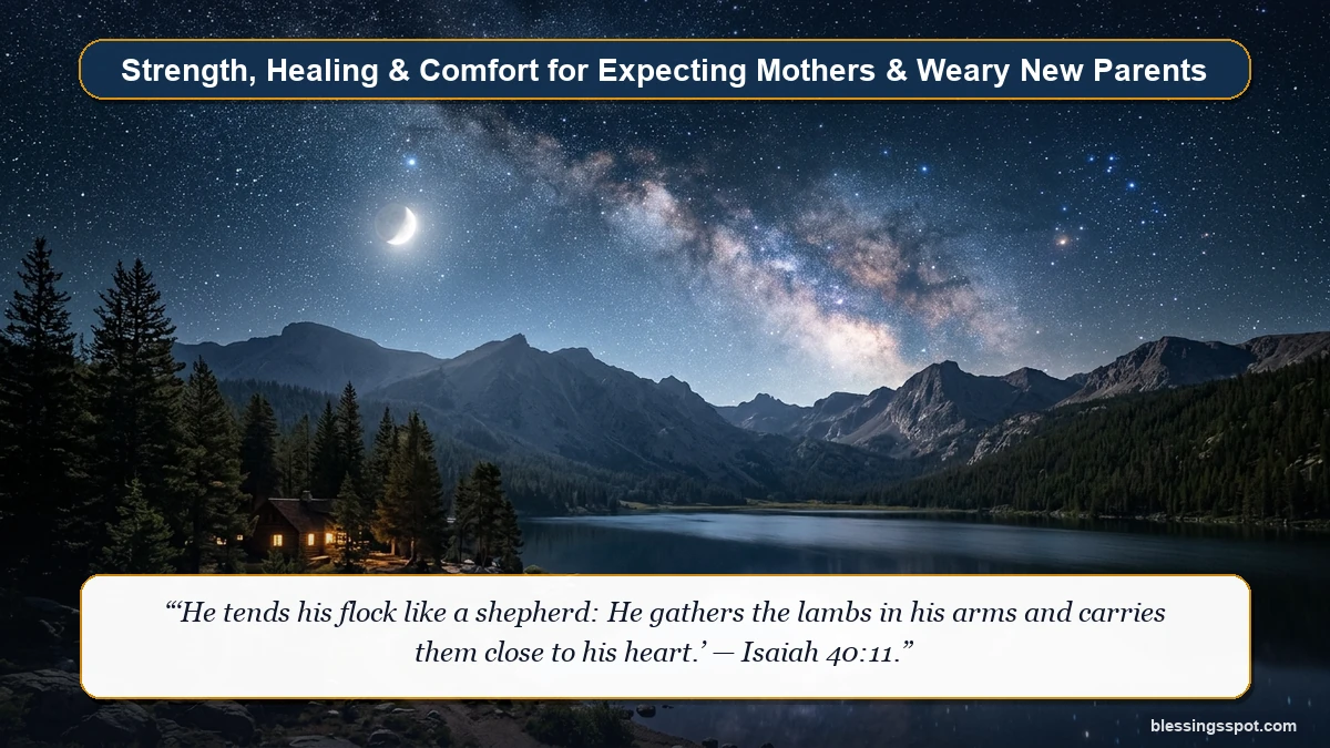 A peaceful starry night sky over a calm mountain lake and warm glowing cabin symbolizing divine rest and comfort for weary new parents.