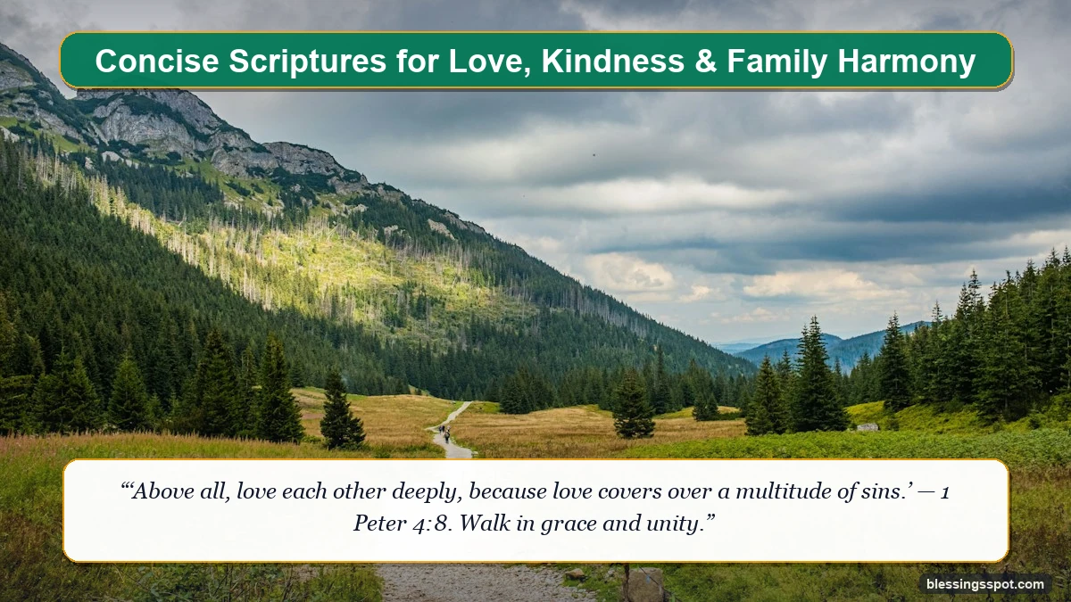 Concise scriptures for love and kindness showing majestic mountain peaks bathed in golden morning sunbeams.