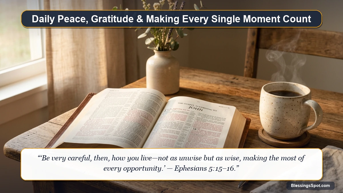 A peaceful morning study desk with open scripture devotional, ceramic mug, and warm morning sun streaming across the room.