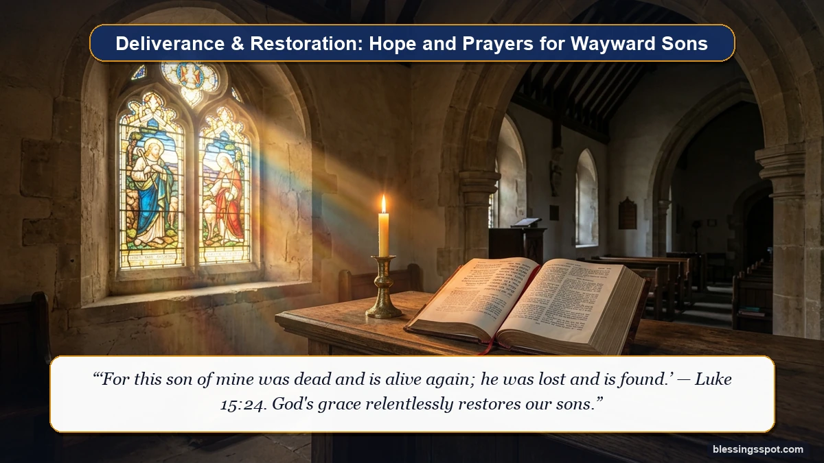 An ancient church chapel prayer altar with an open Bible and glowing beeswax candle symbolizing restoration and prayer for wayward sons.