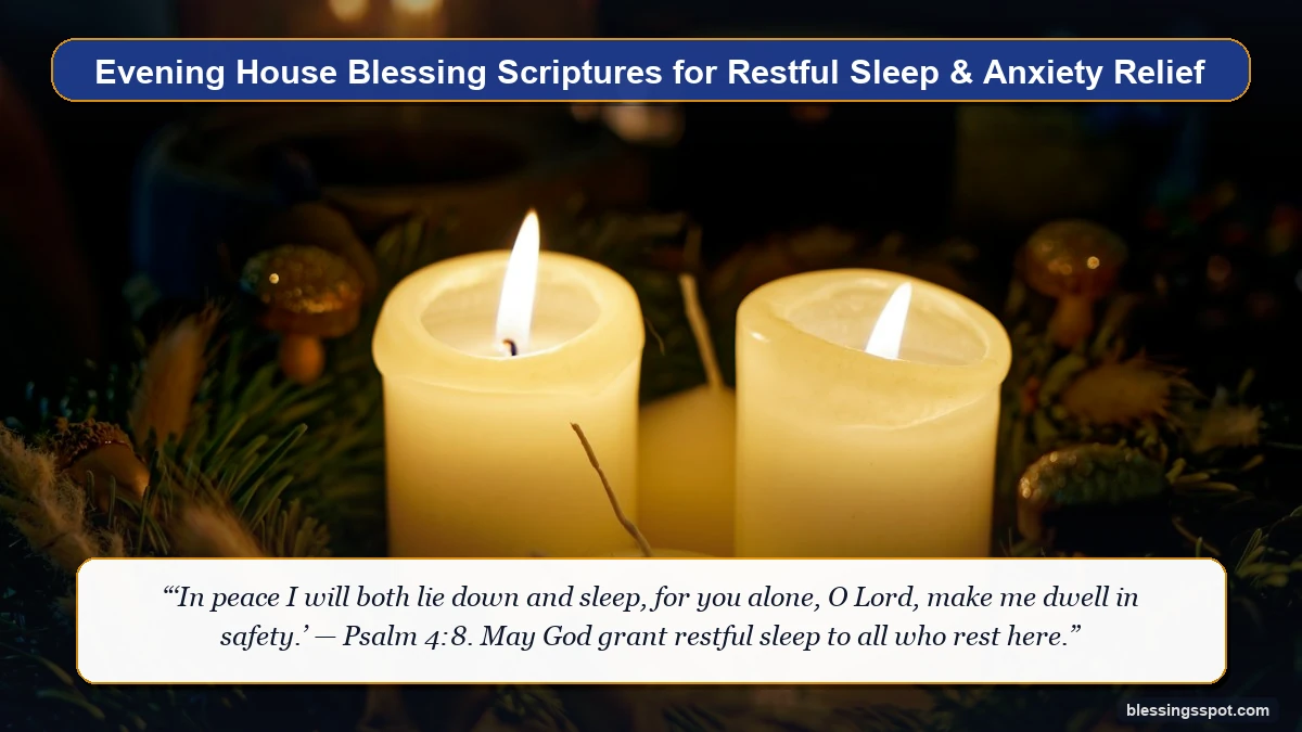 Evening house blessing scriptures for restful sleep showing glowing candles on a wooden table offering peaceful warmth.
