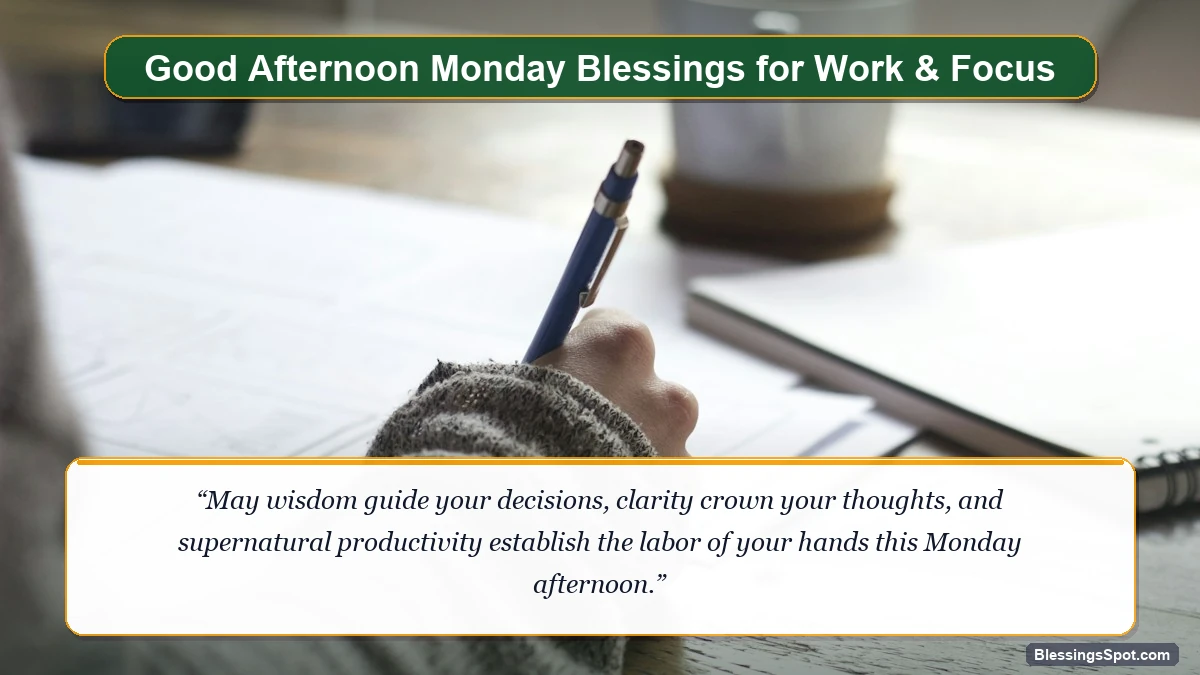Good afternoon Monday blessings for work and career showing a clean, sunlit office desk with notebook and pen.