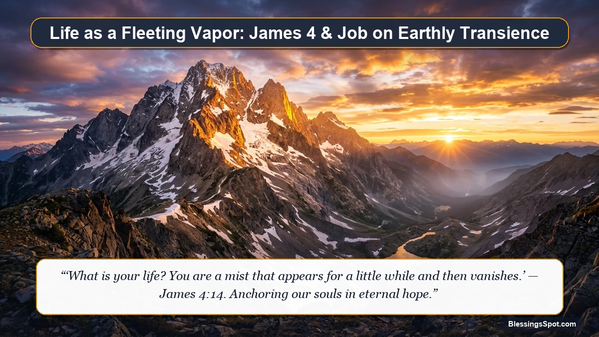 Breathtaking mountain summit with soft morning mist rising above evergreen pine forests illustrating life as a fleeting vapor in Scripture.