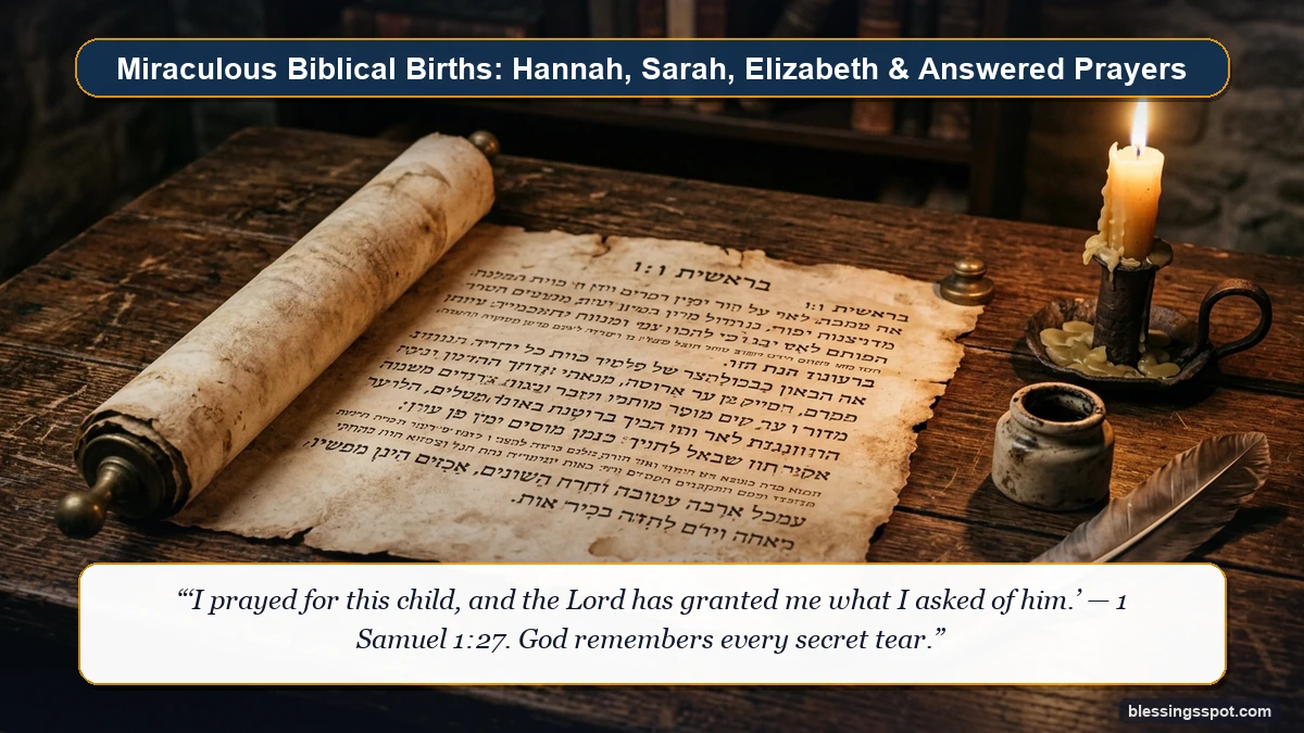 Ancient Hebrew parchment scroll and feather quill bathed in candlelight representing miraculous biblical births and answered prayers.