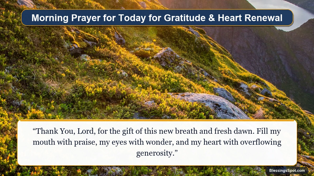 Morning prayer for today for gratitude and positive heart renewal showing golden morning sunlight washing over mountain flora.