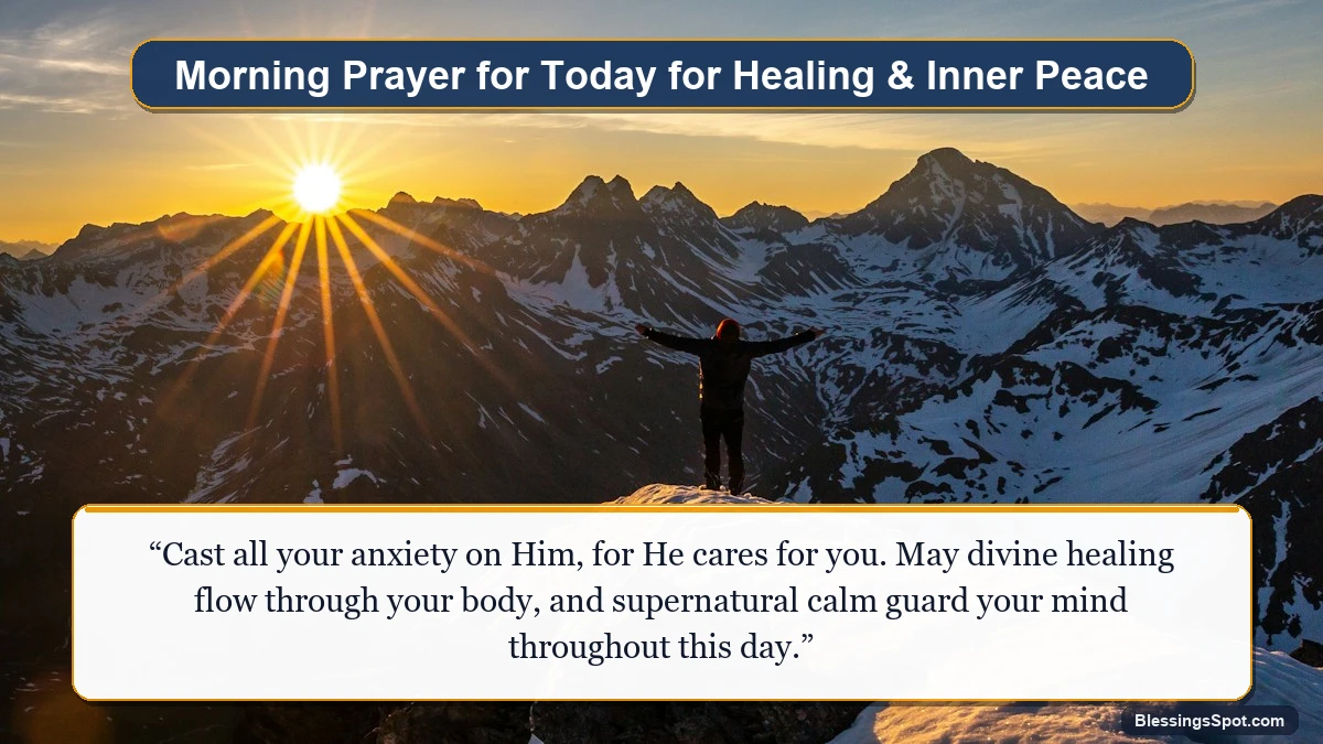 Morning prayer for today for healing and inner peace showing a person raising hands in prayer to the morning sun on a mountain summit.