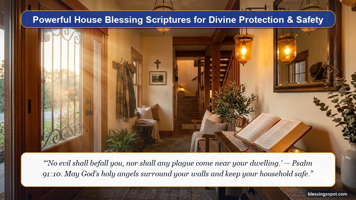 House blessing scriptures for divine protection showing a warm home entryway with glowing lanterns and holy scripture.