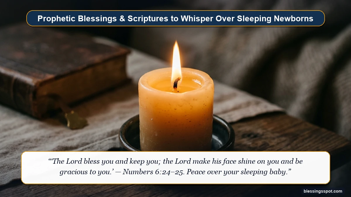 A warm glowing beeswax candle resting beside a sacred scripture Bible on a quiet wooden nightstand for newborn bedtime prayers.