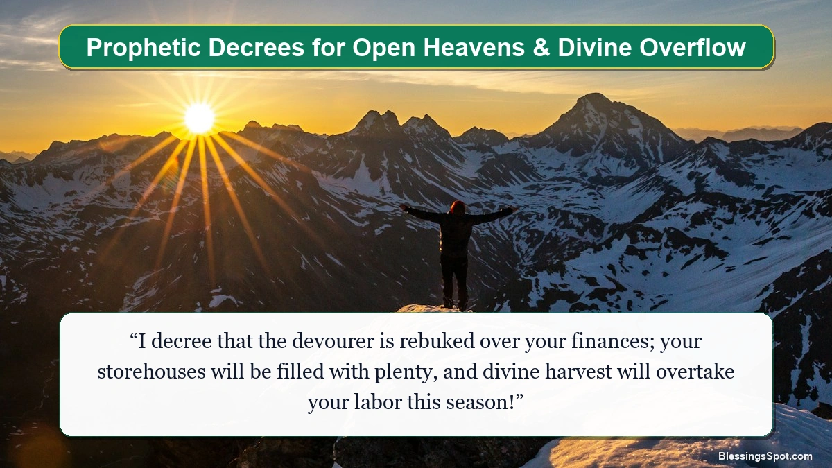 Prophetic decrees for open heavens and financial overflow showing majestic golden morning rays bursting through clouds.