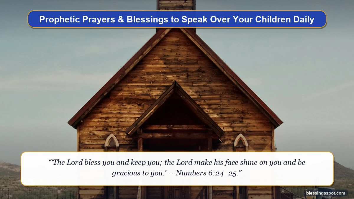 Prophetic prayers and blessings over children showing a peaceful rustic country chapel standing under open heavens.