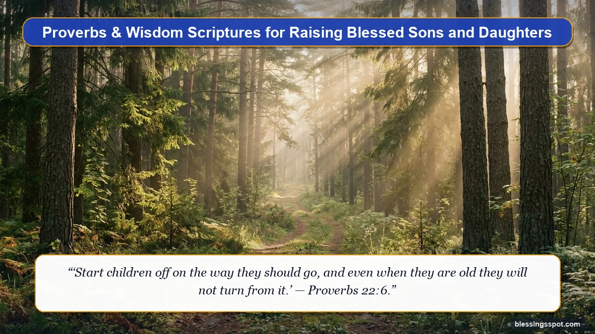 Proverbs wisdom scriptures for parenting showing radiant golden sunbeams breaking through tall pine trees over a peaceful pathway.