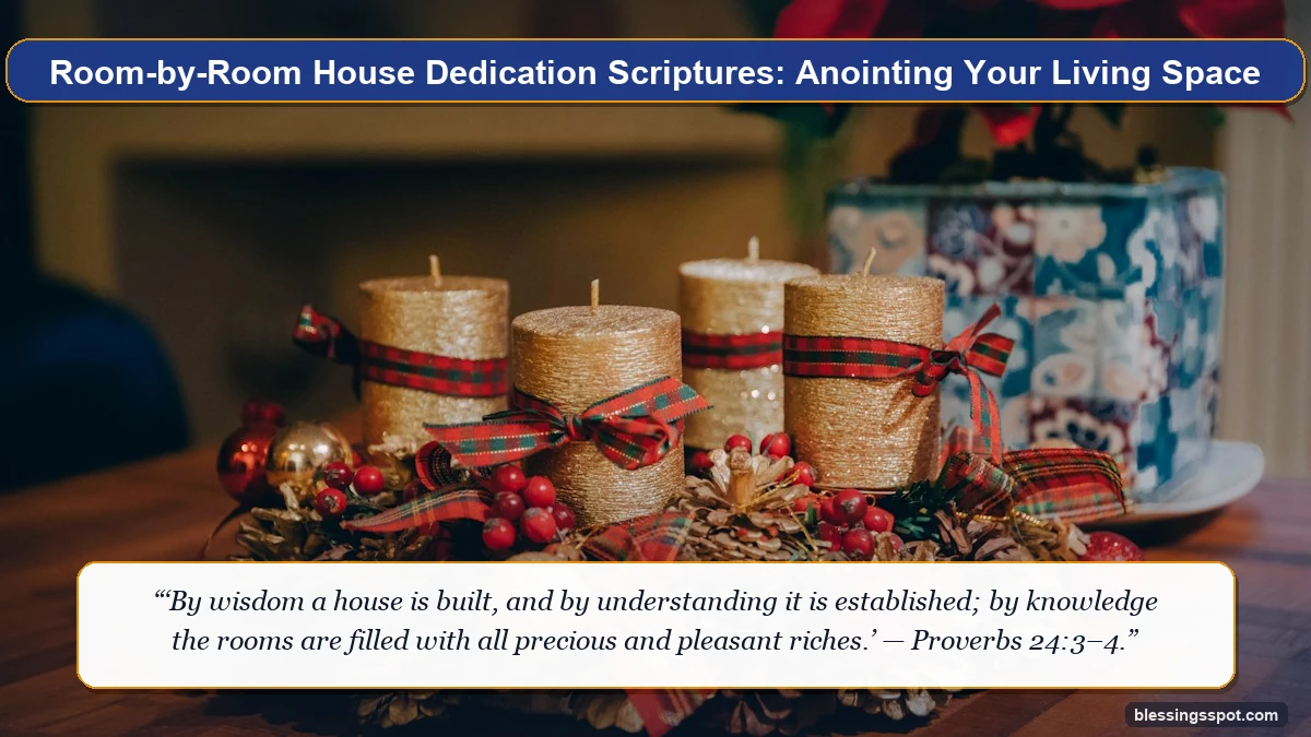 Room-by-room house dedication scriptures showing glowing candlelit wreath on a rustic wooden table establishing a consecrated space.