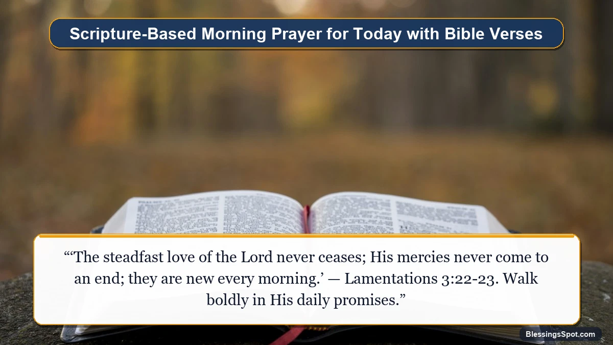 Scripture-based morning prayer for today showing an open Holy Bible on a wooden table in warm morning sunlight.
