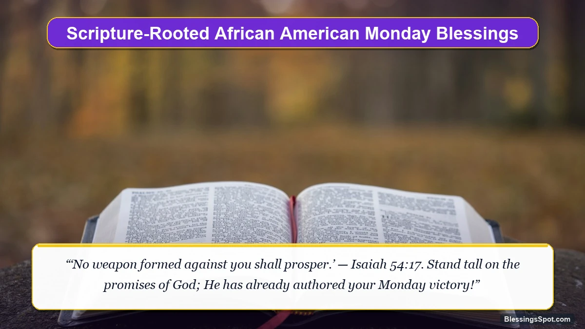 Scripture-rooted African American Monday blessings and prayers showing an open Holy Bible in warm golden morning light.