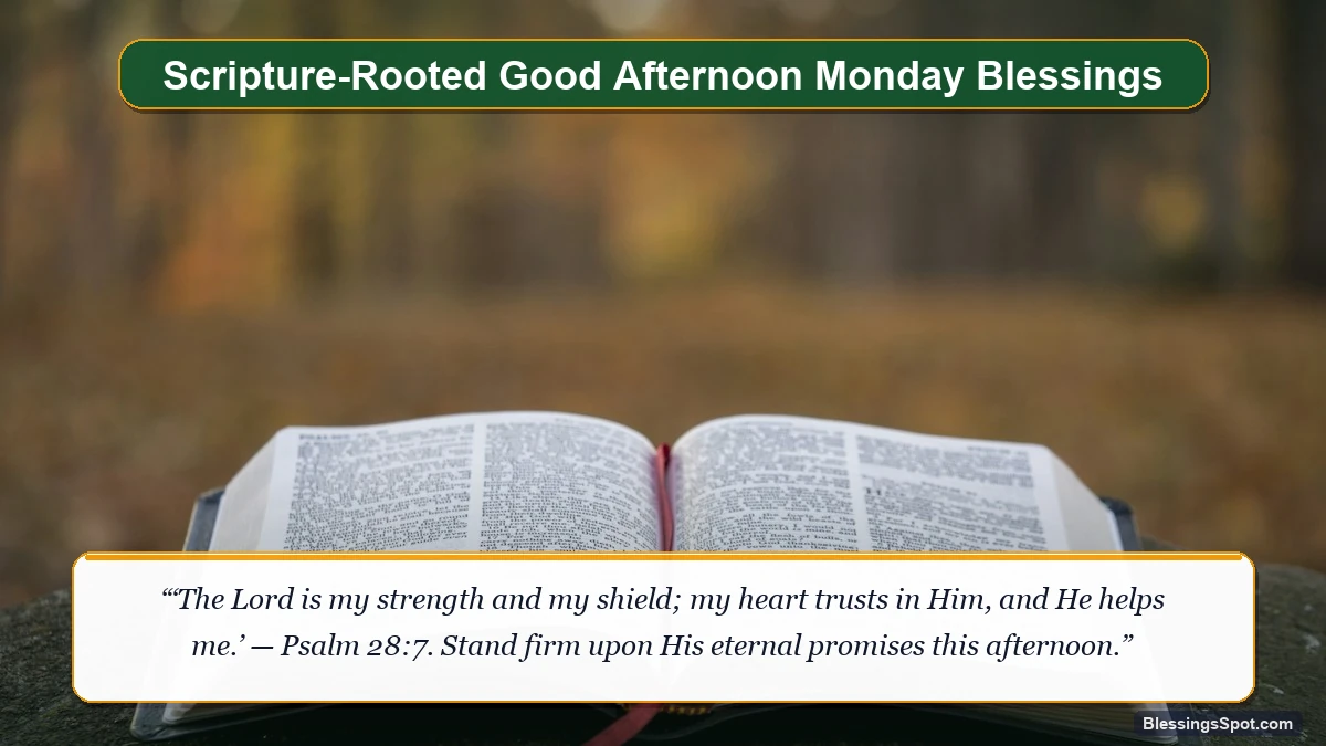 Scripture-rooted good afternoon Monday blessings showing an open Holy Bible on a wooden table in bright midday light.