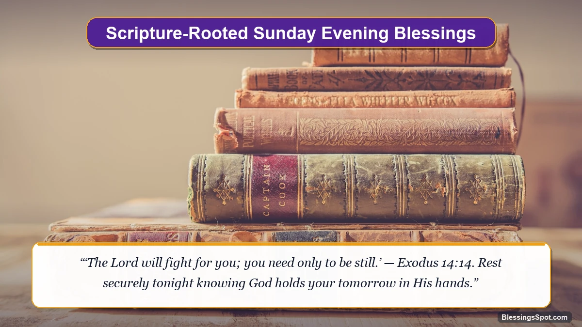 Scripture-rooted Sunday evening blessings images showing an open Holy Bible glowing in warm golden evening light.