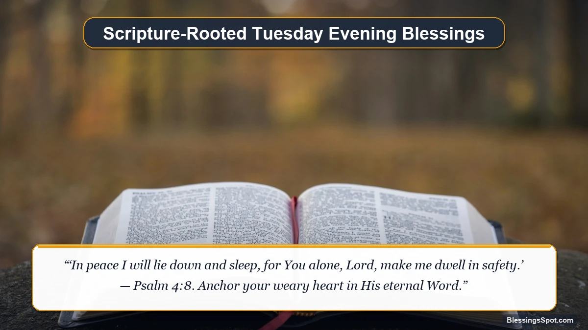 Scripture-rooted Tuesday evening blessings showing an open Holy Bible in warm evening light.