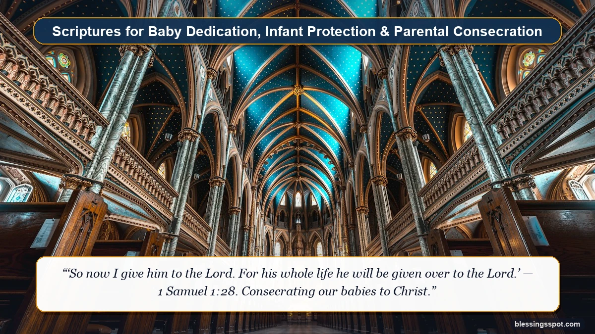 A majestic cathedral sanctuary with vaulted celestial arches and sacred altar symbolizing biblical baby dedication and infant consecration.