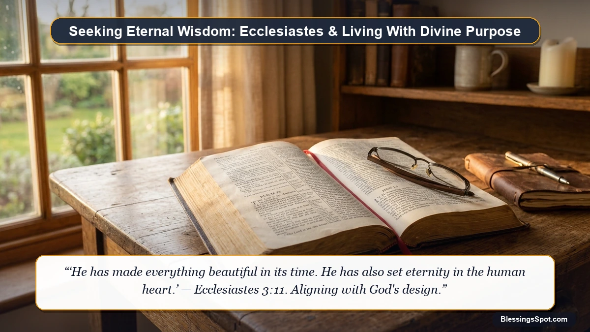 An open Holy Bible with reading glasses on a vintage wooden desk reflecting the pursuit of divine wisdom and eternal purpose.
