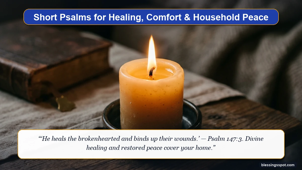 Short psalms for healing and comfort showing a gentle candle flame glowing with warm spiritual peace.