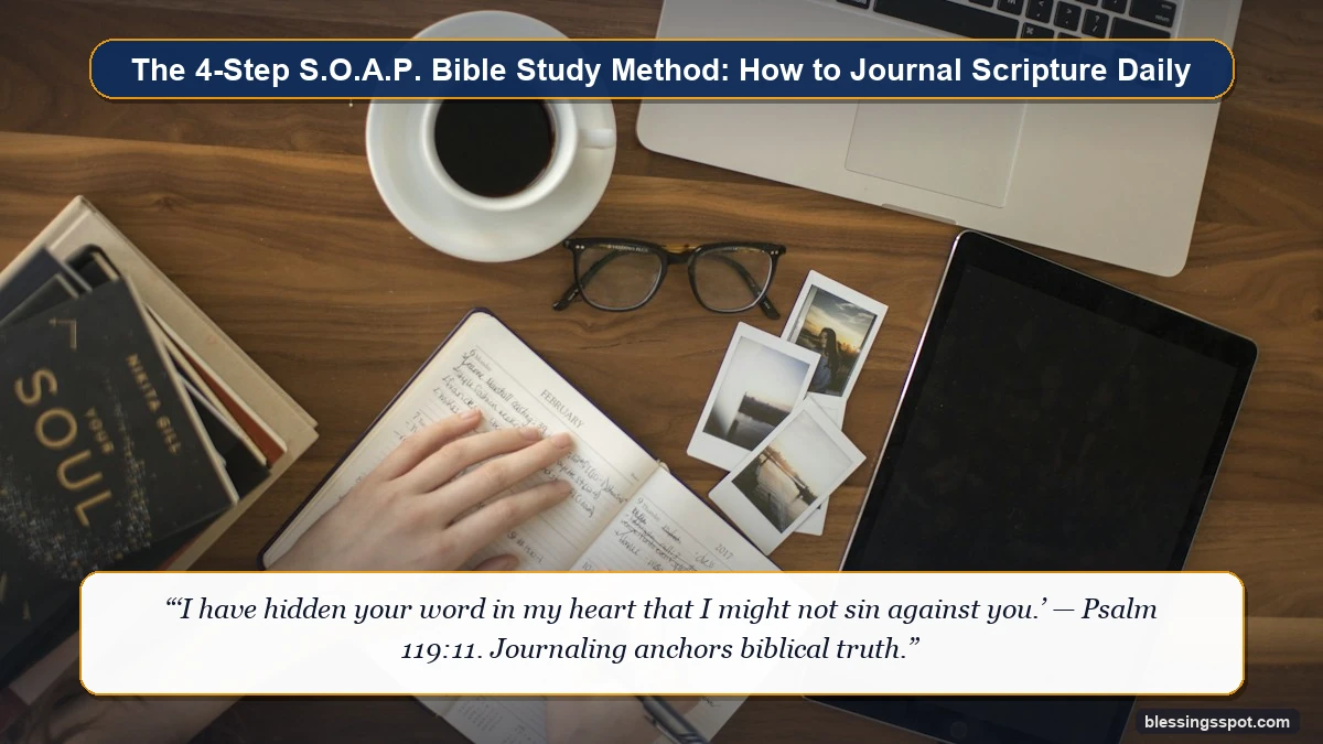 A study journal notebook and pen resting on a wooden desk for daily S.O.A.P. scripture meditation.