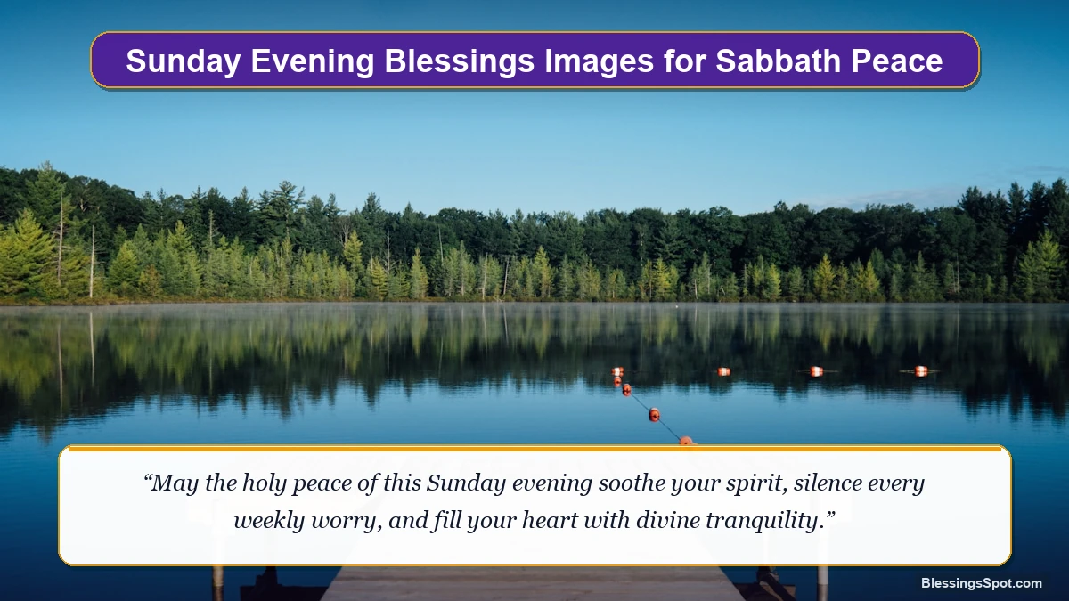 Sunday evening blessings images showing a peaceful wooden dock overlooking calm waters at golden dusk.