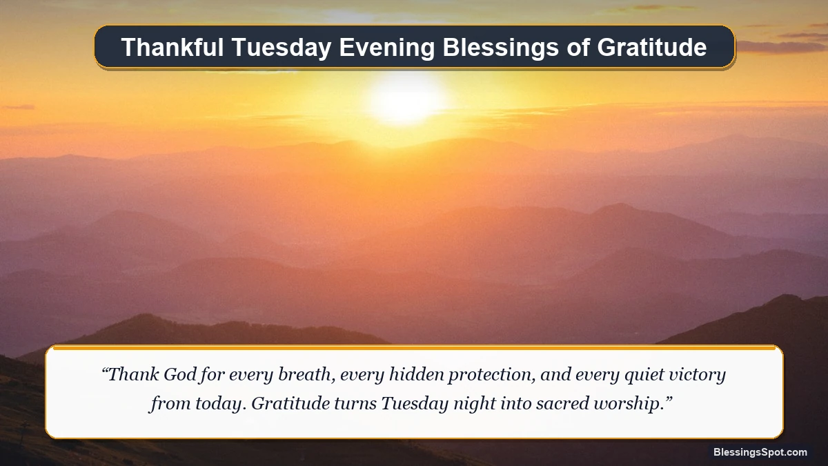 Thankful Tuesday evening blessings showing peaceful mountain horizon under twilight dusk.