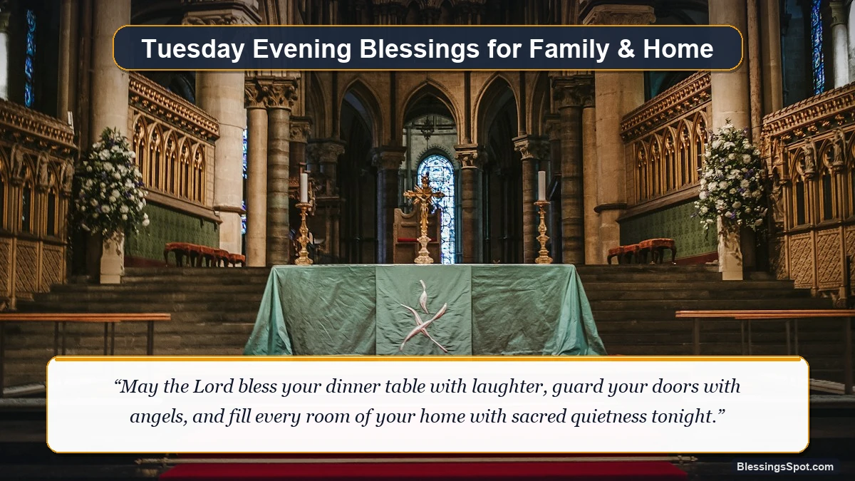Tuesday evening blessings for family and home showing a warm, cozy living room bathed in gentle evening lamp light.