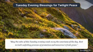 Tuesday evening blessings showing serene golden sunset over majestic mountain peaks at dusk.